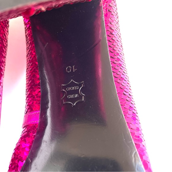 Alice + Olivia Demetra Fuchsia Pink Sequin Block Pointed Toe Slip On Heels - Picture 8 of 9